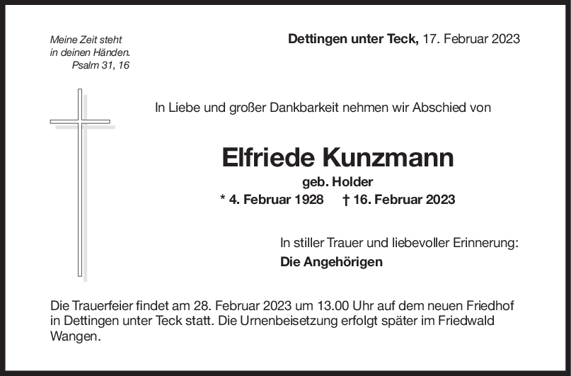 Trauer Elfriede Kunzmann 25/02/2023