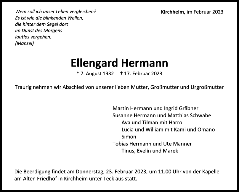 Trauer Ellengard Hermann 21/02/2023