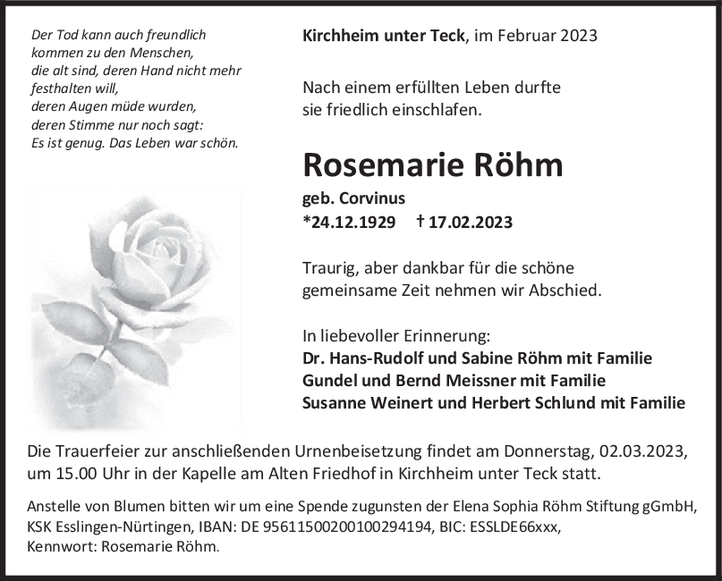 Trauer Rosemarie Röhm 25/02/2023