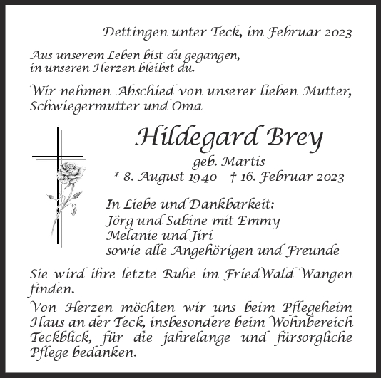 Trauer Hildegard Brey 25/02/2023