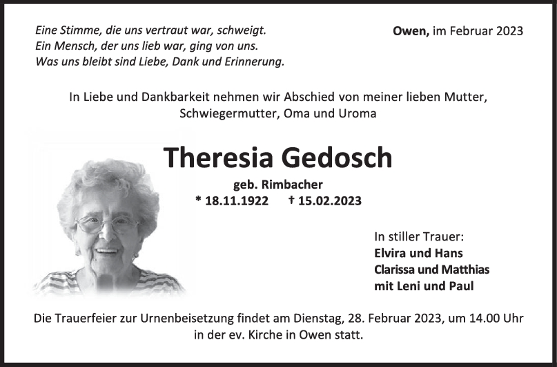 Trauer Theresia Gedosch <br><p style=
