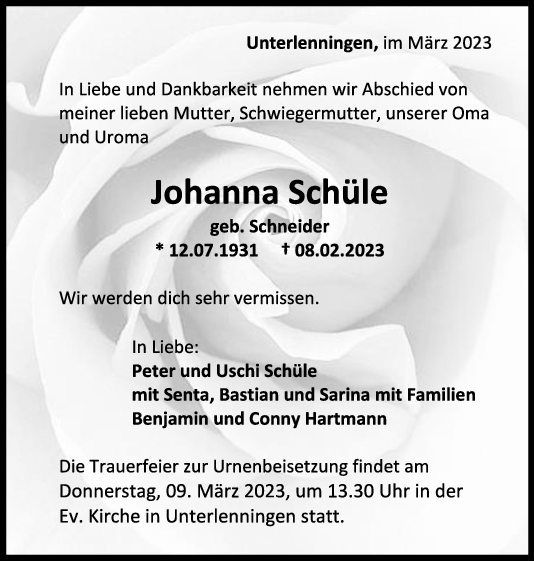Trauer Johanna Schüle <br><p style=