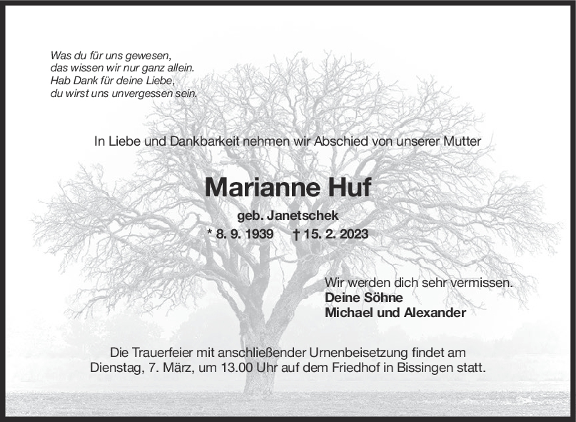 Trauer Marianne Huf <br><p style=