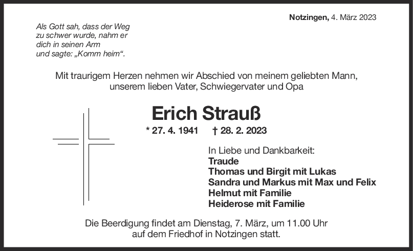 Trauer Erich Strauß 04/03/2023