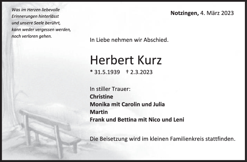 Trauer Herbert Kurz 04/03/2023