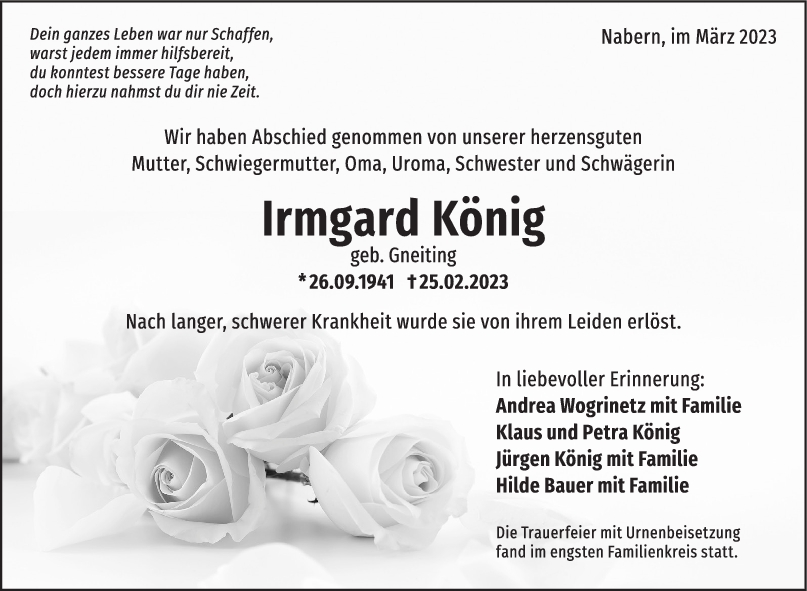 Trauer Irmgard König <br><p style=