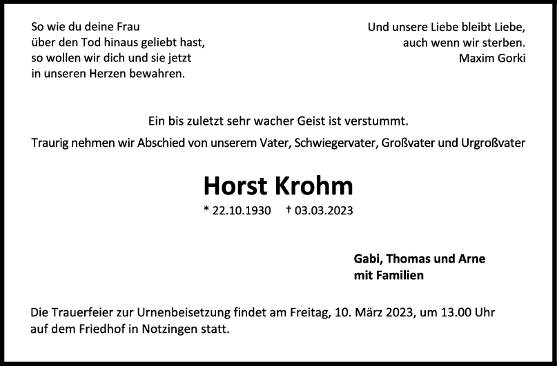 Trauer Horst Krohm 07/03/2023