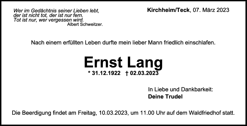 Trauer Ernst Lang 07/03/2023