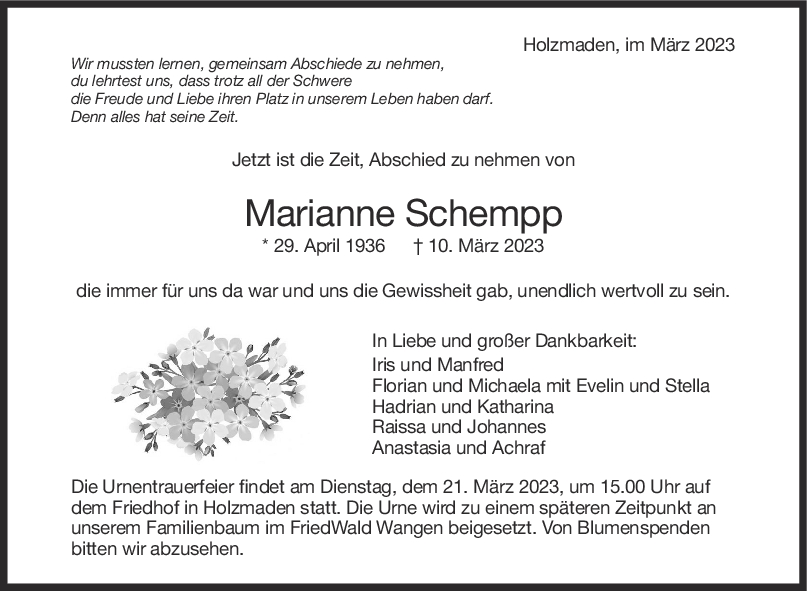 Trauer Marianne Schempp 11/03/2023