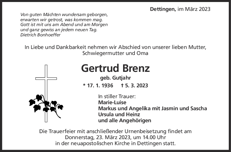 Trauer Gertrud Brenz <br><p style=