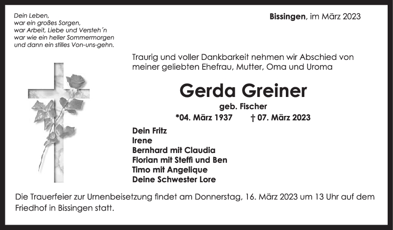 Trauer Gerda Greiner 13/03/2023