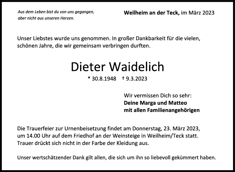 Trauer Dieter Waidelich 16/03/2023