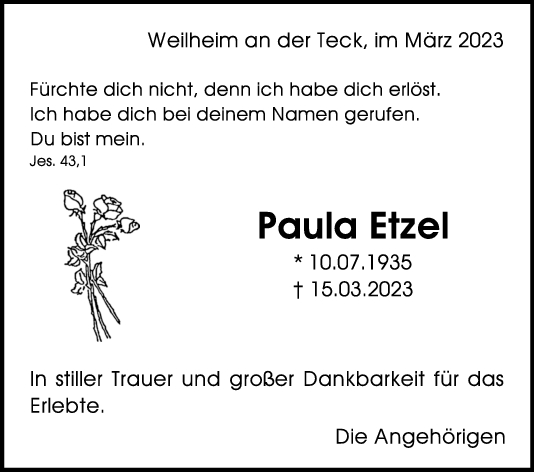Trauer Paula Etzel 18/03/2023