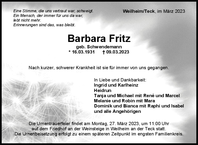 Trauer Barbara Fritz 20/03/2023