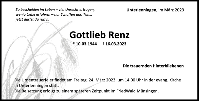 Trauer Gottlieb Renz <br><p style=