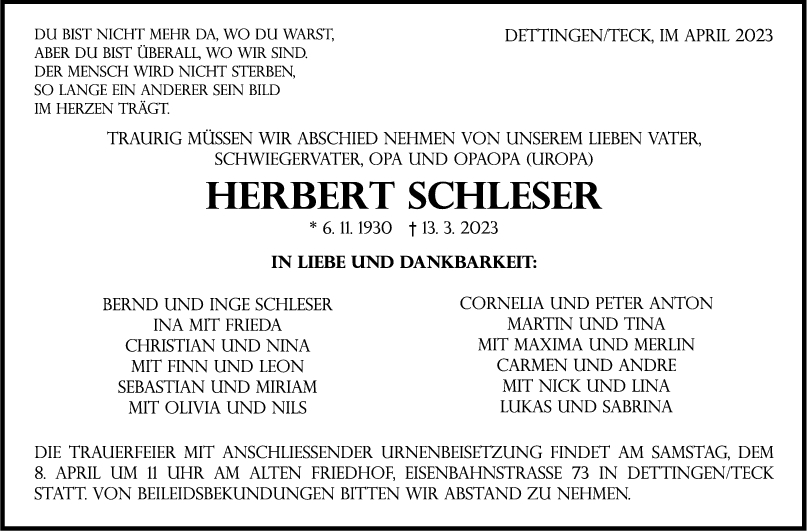 Trauer Herbert Schleser <br><p style=