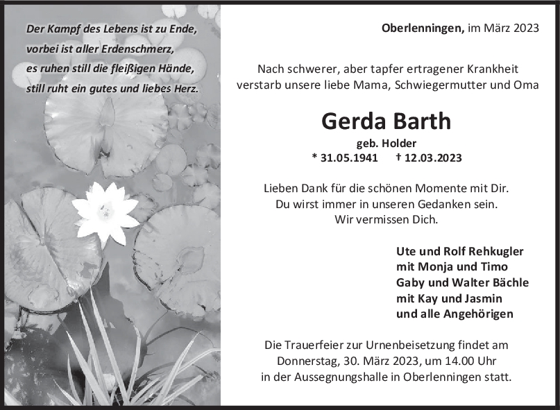 Trauer Gerda Barth <br><p style=