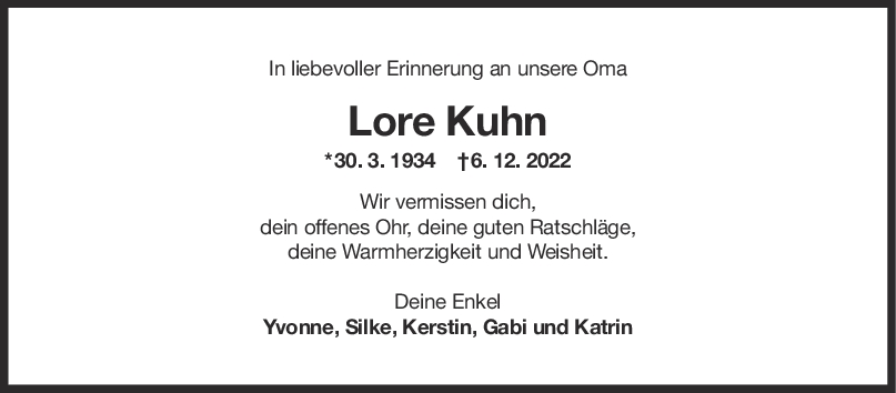 Nachruf Lore Kuhn <br><p style=