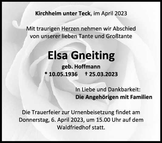 Trauer Elsa Gneiting 01/04/2023