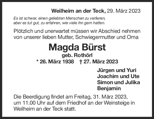 Trauer Magda Bürst 29/03/2023