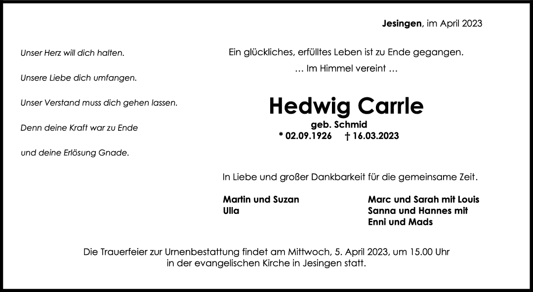 Trauer Hedwig Carrle <br><p style=
