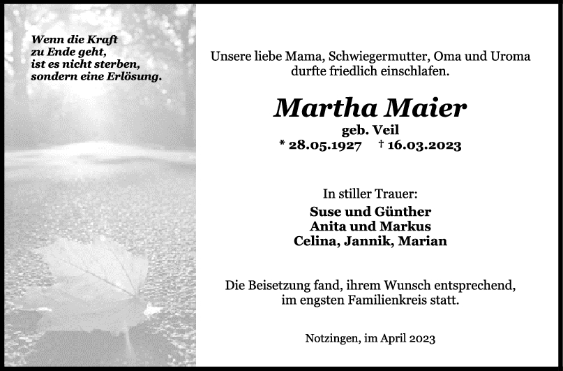 Trauer Martha Maier <br><p style=