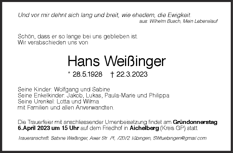 Trauer Hans Weißinger <br><p style=