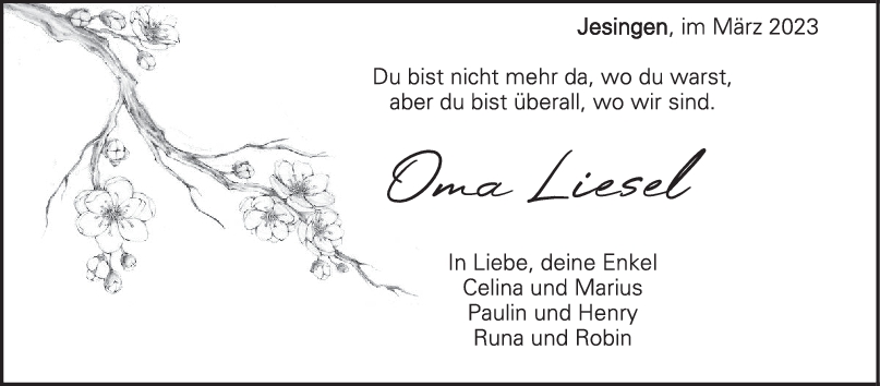 Trauer Liesel Singer - Enkel 06/04/2023