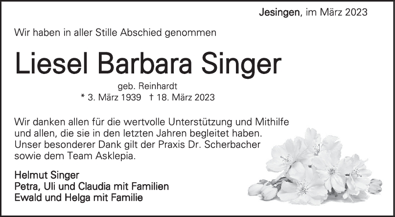 Trauer Liesel Barbara Singer 06/04/2023