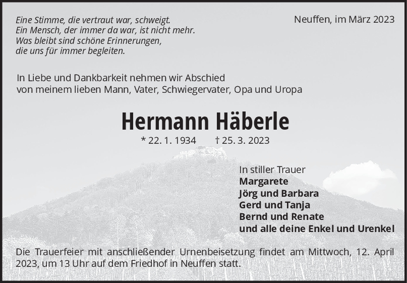 Trauer Hermann Häberle 01/04/2023
