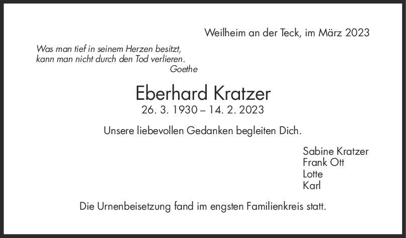 Trauer Eberhard Kratzer 01/04/2023
