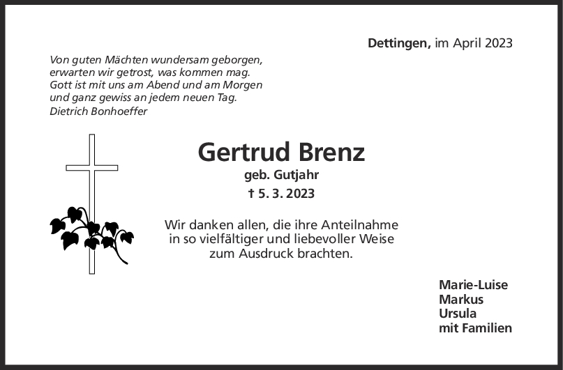 Danksagung Gertrud Brenz <br><p style=