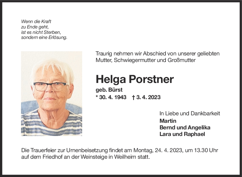 Trauer Helga Porstner <br><p style=