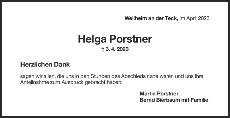 Danksagung Helga Porstner <br><p style=