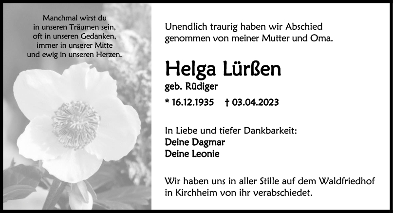 Trauer Helga Lürßen <br><p style=