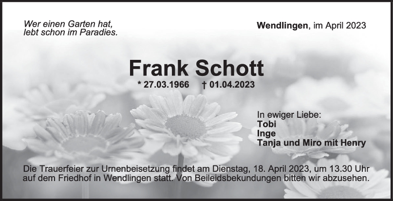 Trauer Frank Schott <br><p style=