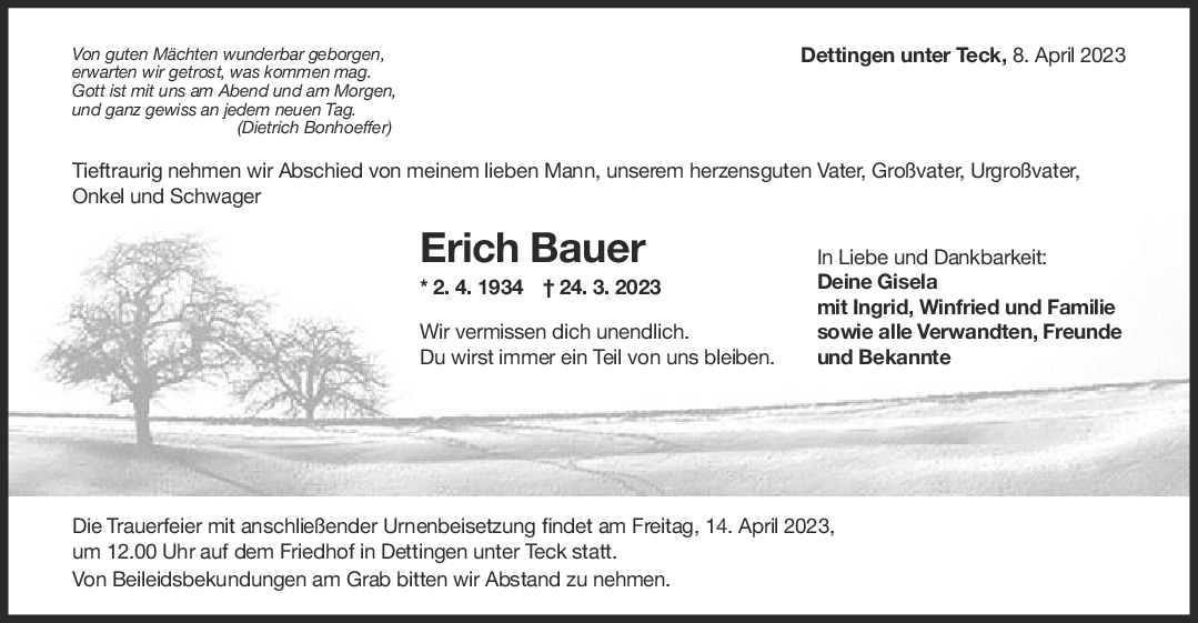 Trauer Erich Bauer 08/04/2023