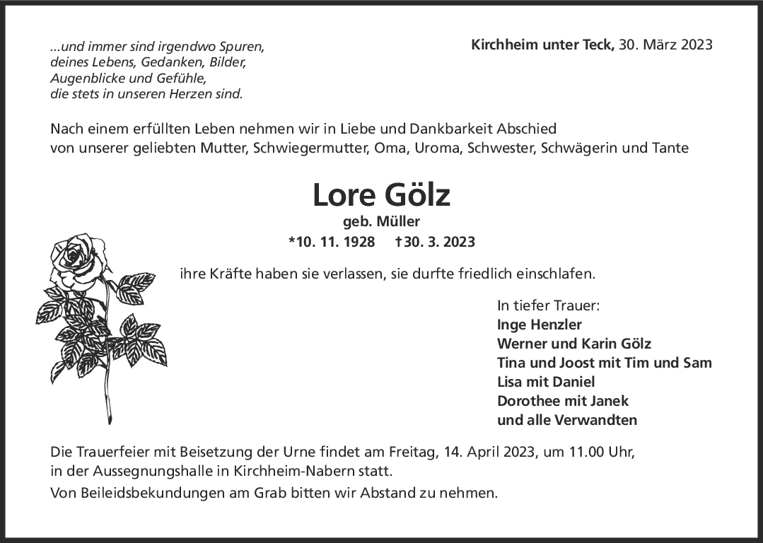 Trauer Lore Gölz <br><p style=