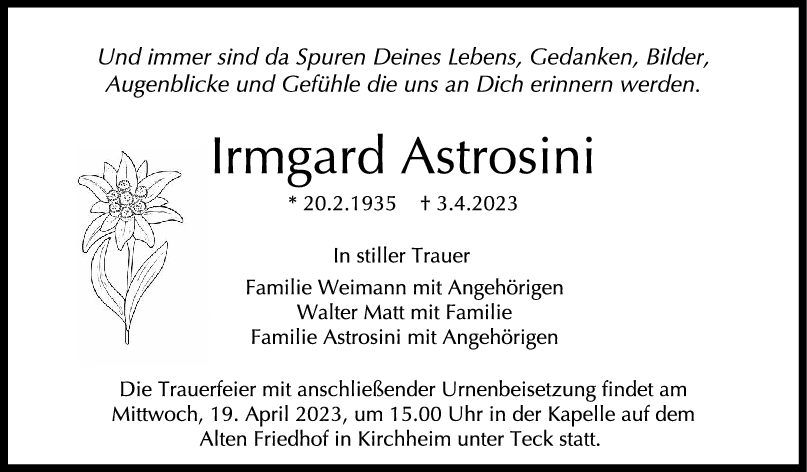 Trauer Irmgard Astrosini 15/04/2023