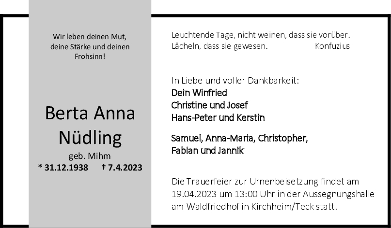 Trauer Berta Nüdling 12/04/2023