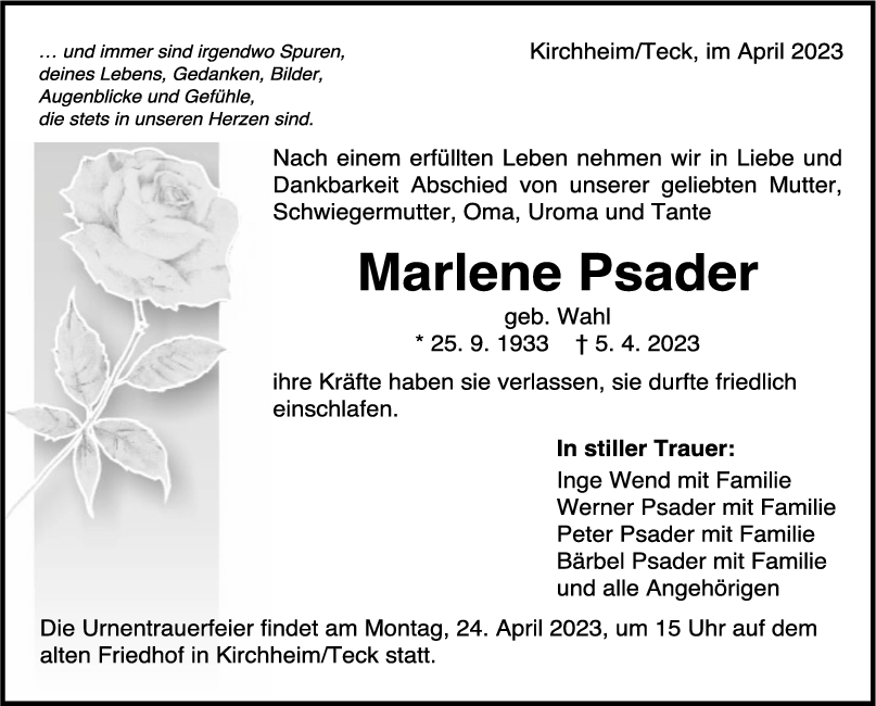 Trauer Marlene Psader <br><p style=
