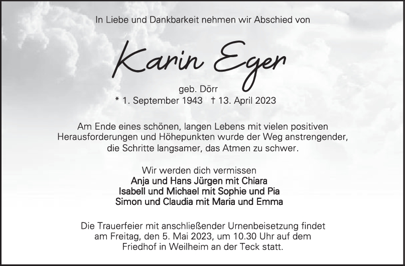 Trauer Karin Eger 22/04/2023