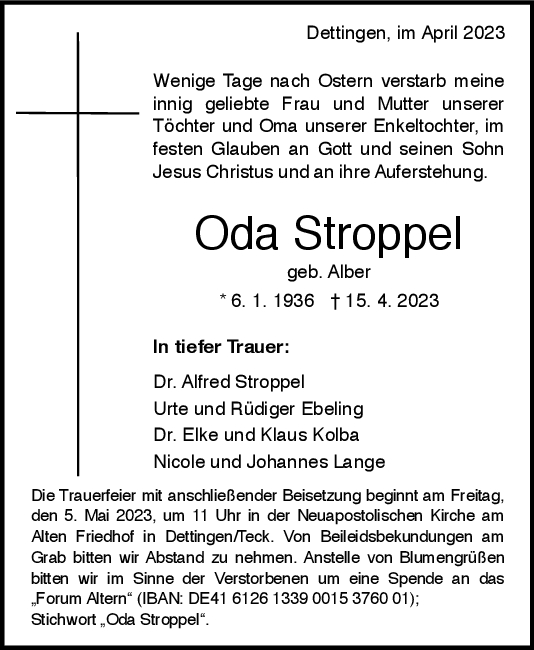 Trauer Oda Stroppel 28/04/2023