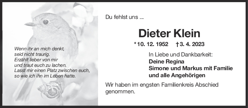 Trauer Dieter Klein 22/04/2023