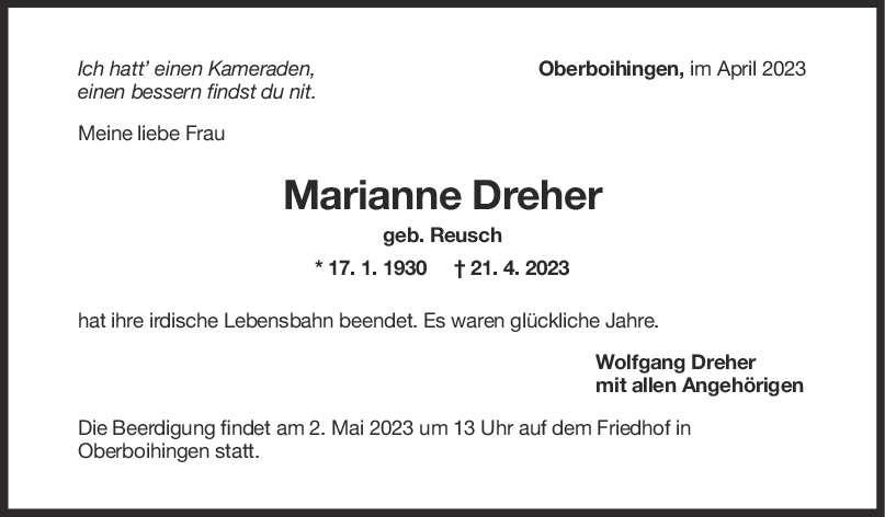 Trauer Marianne Dreher <br><p style=