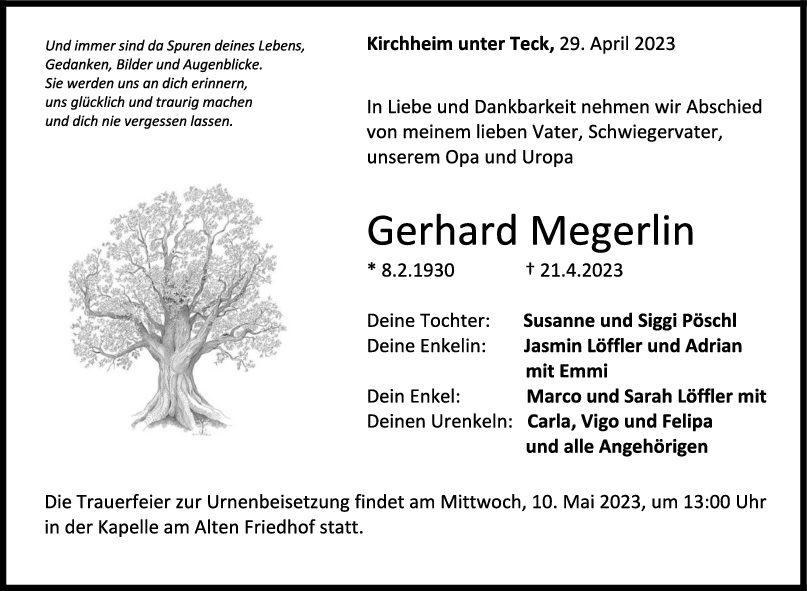 Trauer Gerhard Megerlin 29/04/2023