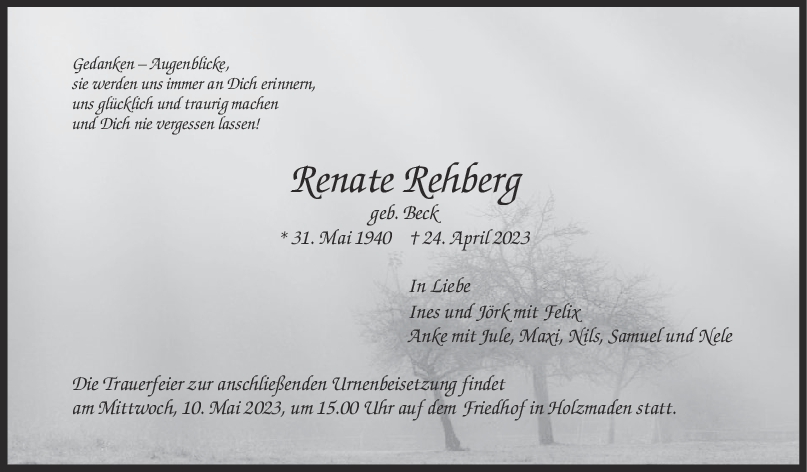 Trauer Renate Rehberg 06/05/2023