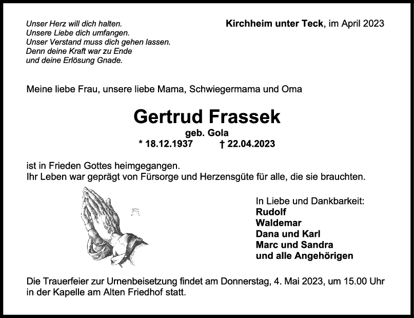Trauer Gertrud Frassek <br><p style=