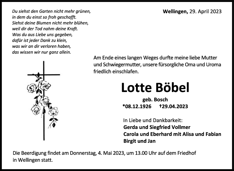 Trauer Lotte Böbel 03/05/2023