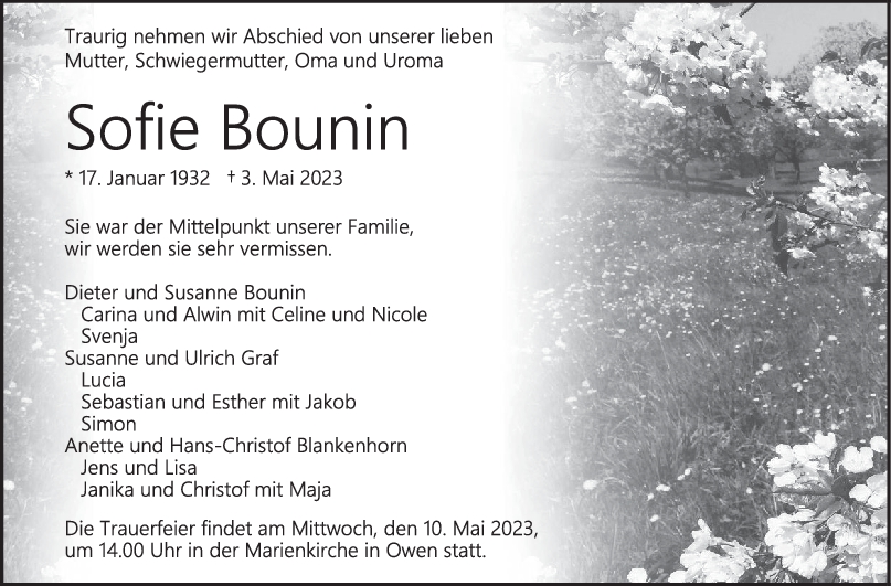 Trauer Sofie Bounin <br><p style=
